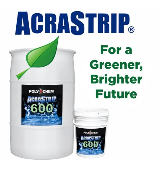 55-gallon drum and 5-gallon bucket containing AcraStrip's solvent-replacement products